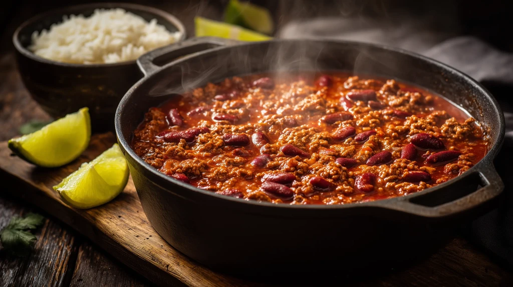 Chili con carne dans une grande cocotte en fonte, avec du riz et du citron vert en fond