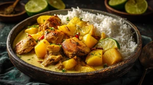 Colombo de poulet servi avec du riz blanc