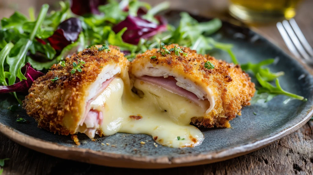 Cordon bleu maison avec le coeur bien coulant de fromage, servi avec une salade verte
