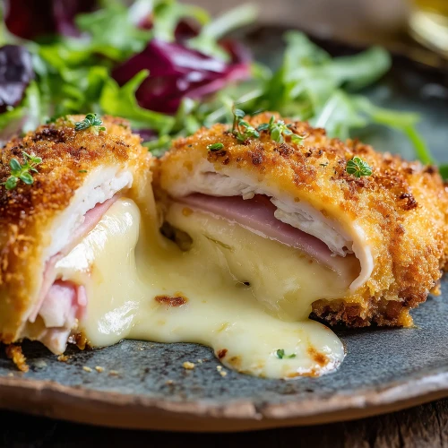 Cordon bleu maison avec le coeur bien coulant de fromage, servi avec une salade verte