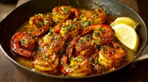 Crevettes sautées aux épices dans la poêle avec des herbes fraîches