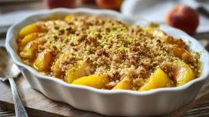 crumble à la pistache, à la cardamome et aux pêches
