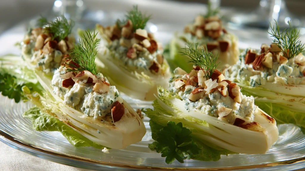 Endives au fromage à grignoter pour un apero diététique, présentées sur un plateau gastronomique avec des éclats de noix