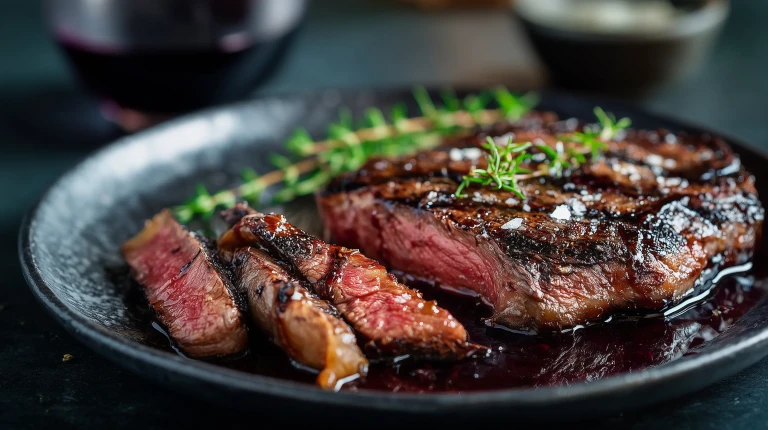 Entrecote bordelaise, entrecote de boeuf saignante et bien saisie, dans une sauce au vin rouge et à la moelle, servie avec des herbes fraîches