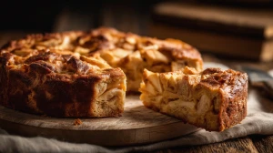 gâteau au pommes façon pain perdu servi sur un plat en bois avec des tranches coupées qui laissent voir une texture moelleuse