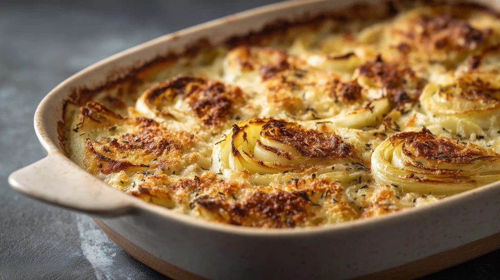 gratin de fenouil à la cardamone et au parmesan servi dans un plat à gratin tout juste sorti du four