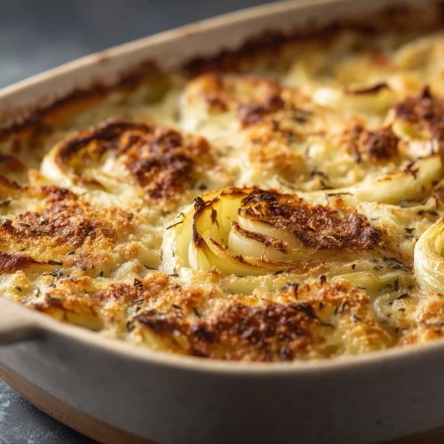 gratin de fenouil à la cardamone et au parmesan servi dans un plat à gratin tout juste sorti du four