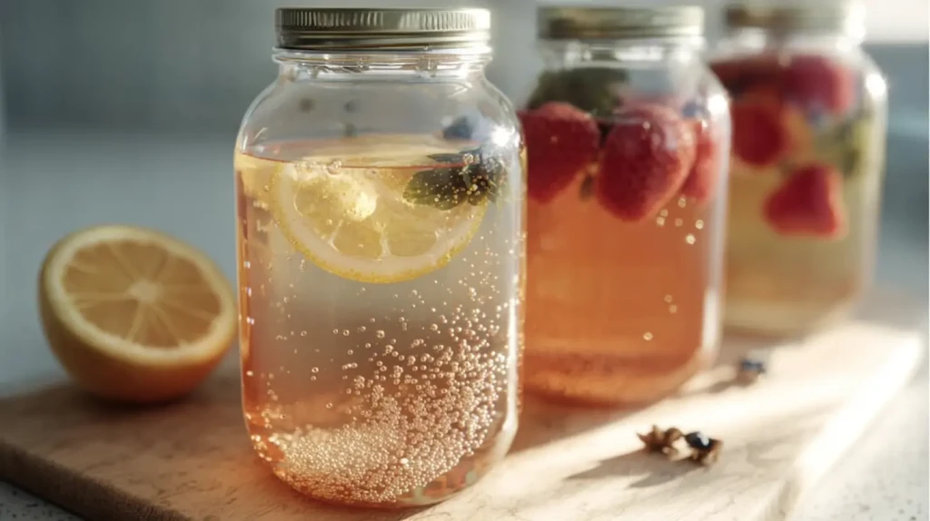 Kéfir de fruits dans des bocaux, pétillant naturellement