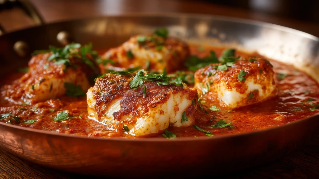 lotte à l'armoricaine dans une poele en cuivre avec des herbes fraîches