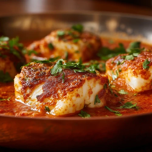 lotte à l'armoricaine dans une poele en cuivre avec des herbes fraîches