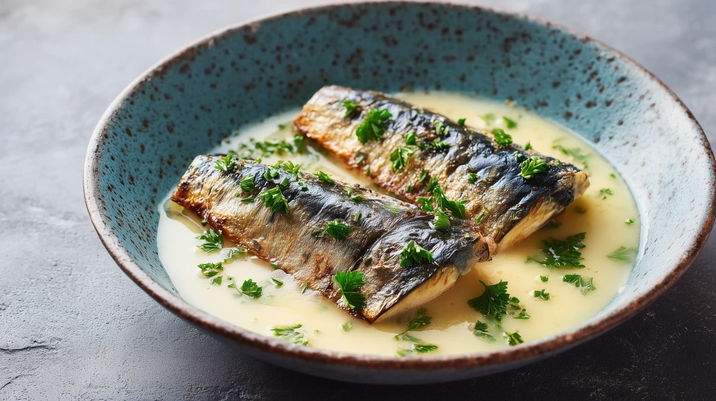 Maquereau au cidre à la rennaise avec une sauce crèmeuse et des herbes fraîches.