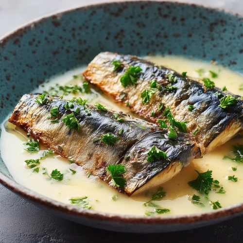 Maquereau au cidre à la rennaise avec une sauce crèmeuse et des herbes fraîches.