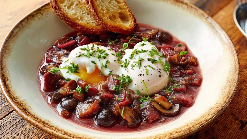 Oeufs en meurette, oeufs pochés sur une sauce au vin rouge avec des lardons et des champignons