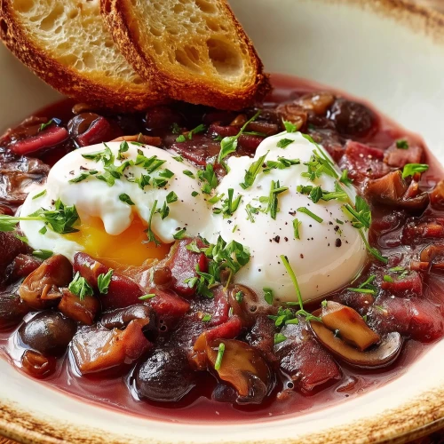 Oeufs en meurette, oeufs pochés sur une sauce au vin rouge avec des lardons et des champignons