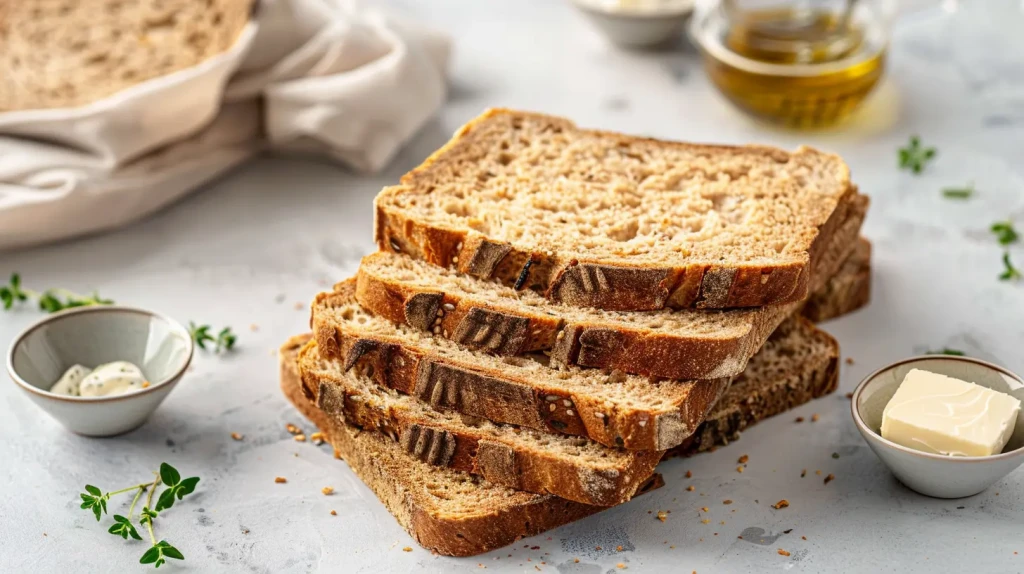 pain de mie complet traditionnel de qualité présenté en tranche sur un plan de travail blanc