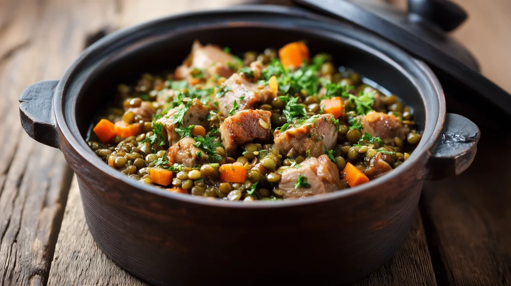 Petit salé aux lentilles dans une mini cocotte en fonte, servi avec des petites carottes et des herbes fraîches