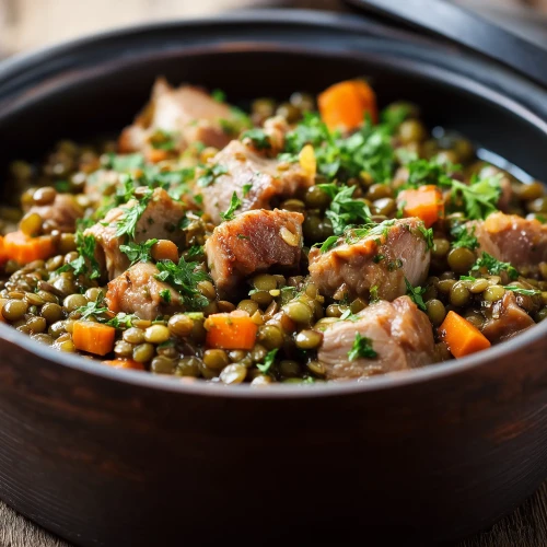 Petit salé aux lentilles dans une mini cocotte en fonte, servi avec des petites carottes et des herbes fraîches