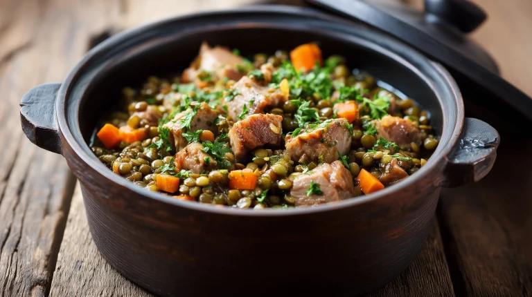 Petit salé aux lentilles dans une mini cocotte en fonte, servi avec des petites carottes et des herbes fraîches