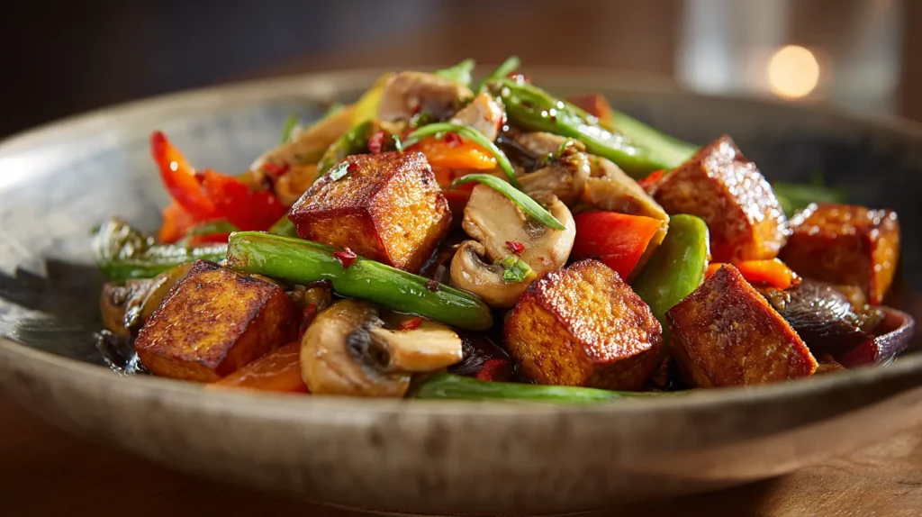 plat de legumes au tofu fumé, dans une assiette : champignons, asperges, poivrons...