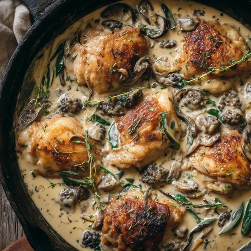 Poulet aux morilles servi dans une cocotte en fonte, la sauce onctueuse à la crème avec les morilles et les morceaux de poulet grillés