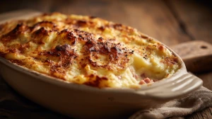 Purée gratinée au jambon dans un plat à gratin, bien doré