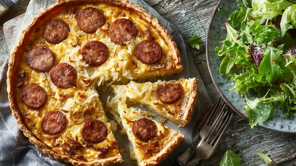 quiche à la choucroute et à la saucisse avec des parts coupées, servies avec de la salade fraîche
