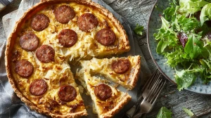 quiche à la choucroute et à la saucisse avec des parts coupées, servies avec de la salade fraîche