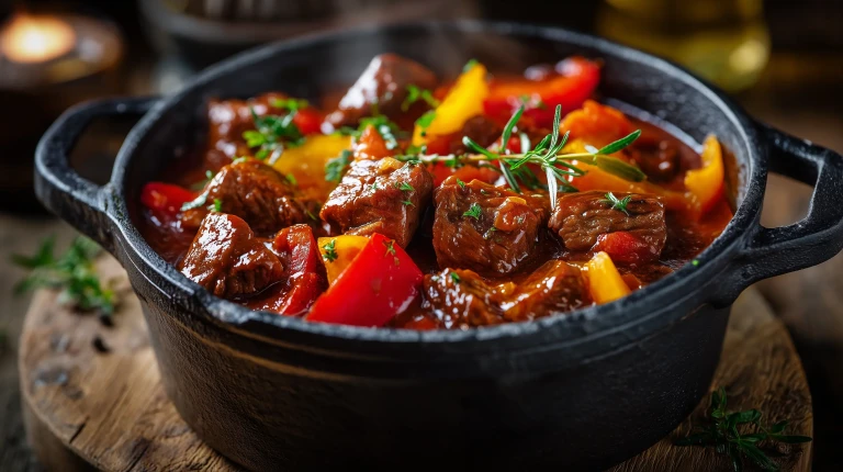 ragout de boeuf aux poivrons dans une cocotte en fonte servi avec des herbes fraiches