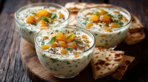 Raiïa aux abricots secs servies dans des bols en verre avec des morceaux d'abricots secs avec des herbes fraîches.