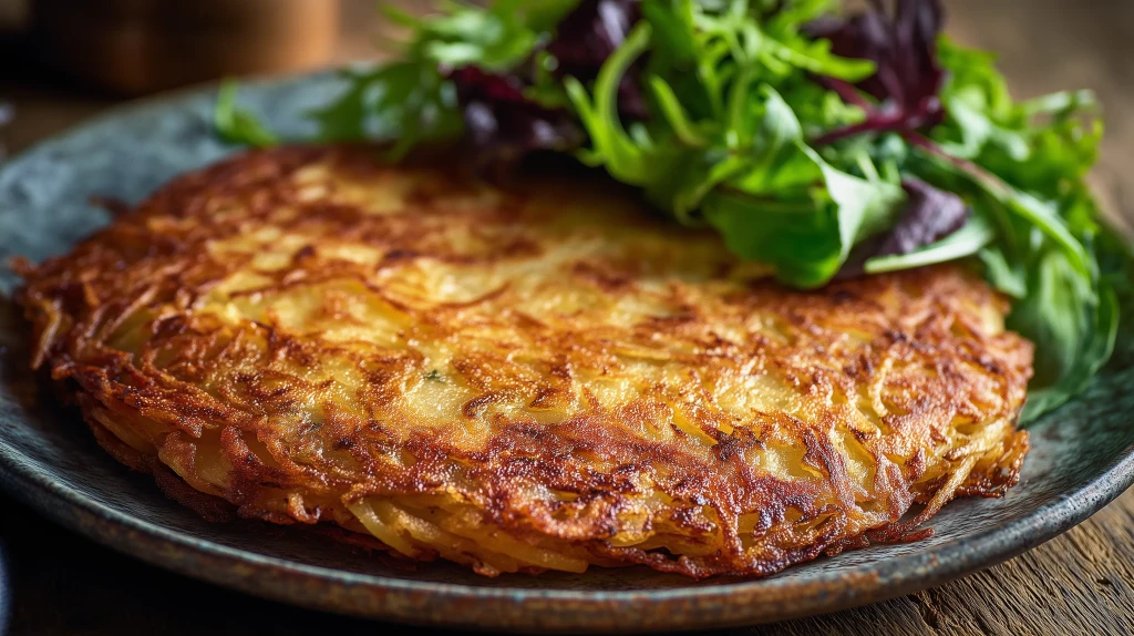 Râpée stéphanoise servie avec une salade fraîche, galette de pomme de terre typique de Saint-Etienne