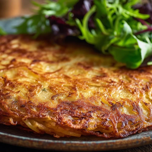 Râpée stéphanoise servie avec une salade fraîche, galette de pomme de terre typique de Saint-Etienne