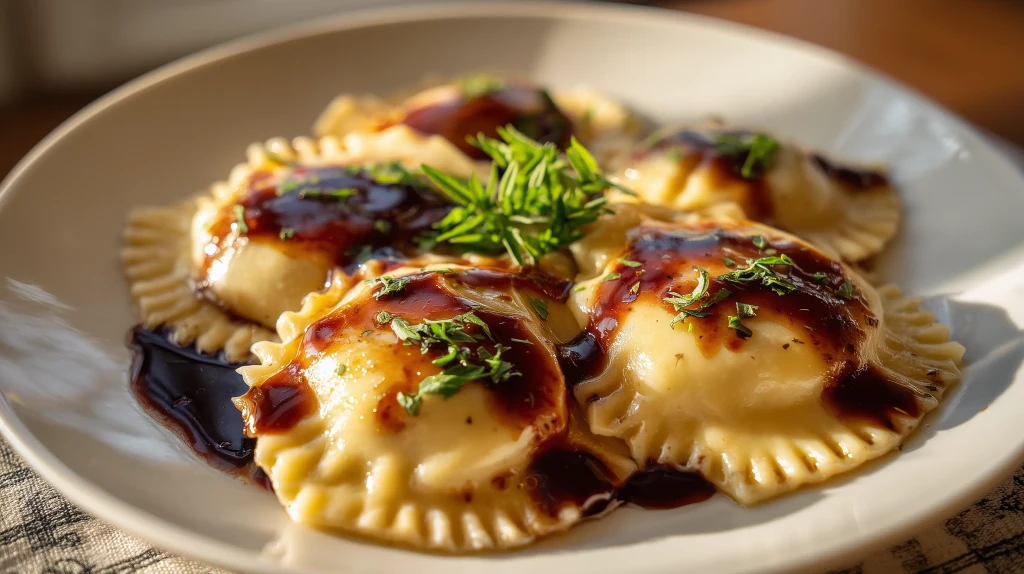 Ravioli à la daube, ravioli fourrés de boeuf en daube, servis avec un jus reduit