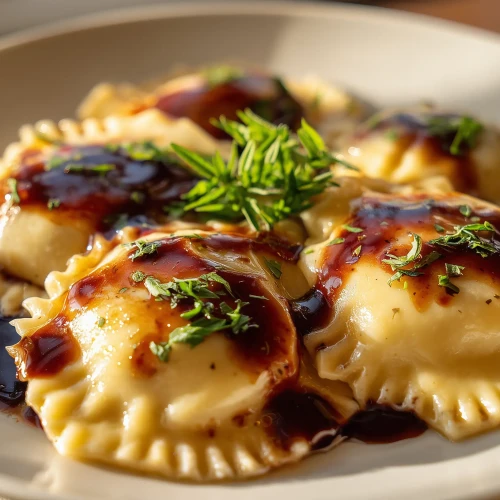 Ravioli à la daube, ravioli fourrés de boeuf en daube, servis avec un jus reduit
