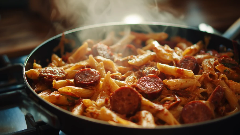 risotto de penne au chorizo et aux merguez dans la poele, avec du fromage onctueux