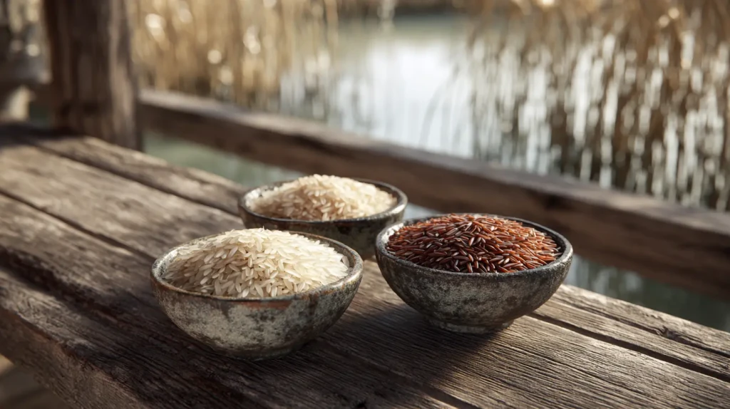 Riz de Camargue de différentes couleurs, dans des bols au bord de l'eau
