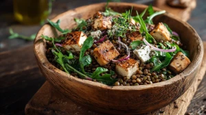 Salade de lentilles au tofu fumé, servie dans un bol avec des feuilles de salade et des herbes fraîches