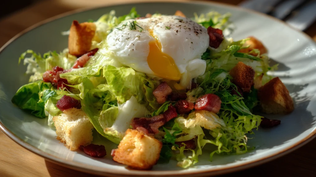 Salade lyonnaise avec de la frisée, des lardons fumés, des croûtons de pain et un oeuf poché