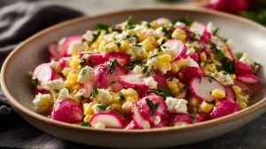 Salade de radis au maïs et feta servie avec une vinaigrette et des herbes fraîches