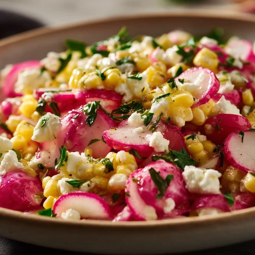 Salade de radis au maïs et feta servie avec une vinaigrette et des herbes fraîches