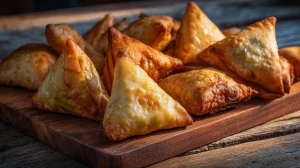 Samossas au fromage frais sur une planche en bois, prêts à être dégustés