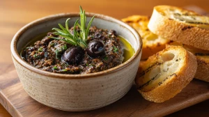 Tapenade traditionnelle aux olives et aux anchois servie dans un ramequin avec des toast grillés et des herbes fraîches