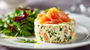 Timballe aux deux saumons servie avec une salade fraîche