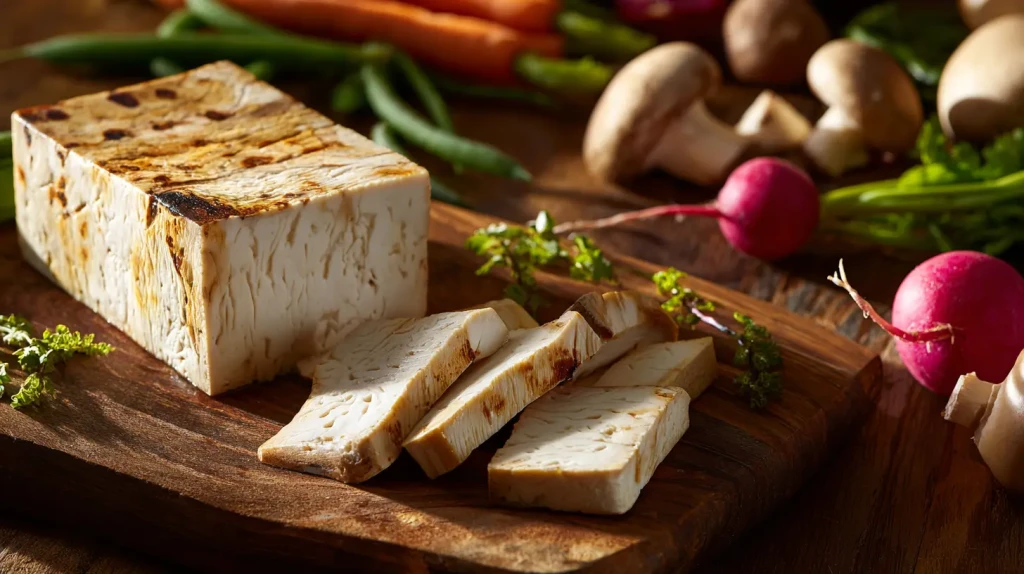 tofu fumé avec des tranches coupées, servi sur une planche en bois avec des légumes frais en arrière plan