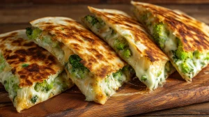 Tortillas au chou romanesco et au cheddar servies sur une planche en bois, façon quesadillas mexicaines, avec le cheddar fondant et les tortillas bien dorées