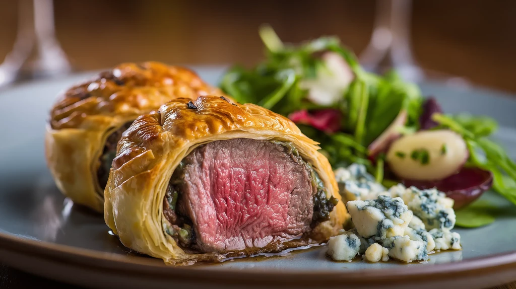 Tournedos feuilleté au roquefort avec un coeur bien saignant et des morceaux de roquefort frais