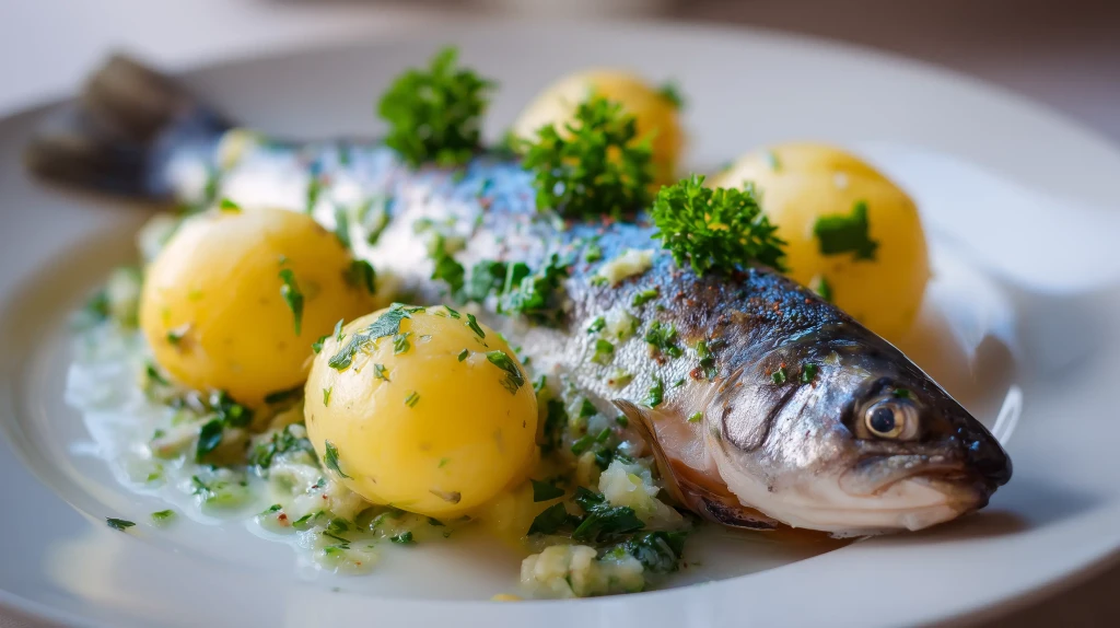 Truite au bleu servie avec des pommes de terre vapeur er une persillade