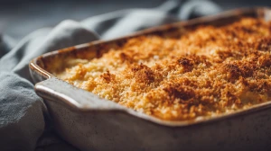 Brandade de morue au four bien dorée dans un plat à gratin
