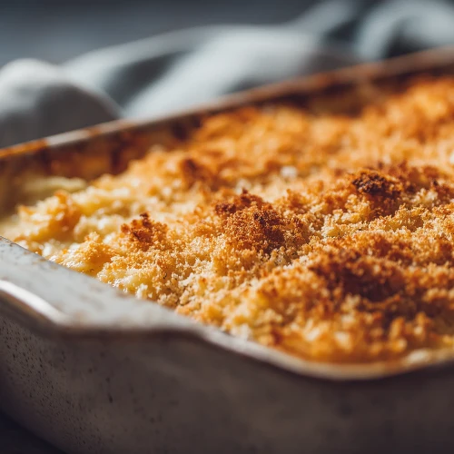 Brandade de morue au four bien dorée dans un plat à gratin