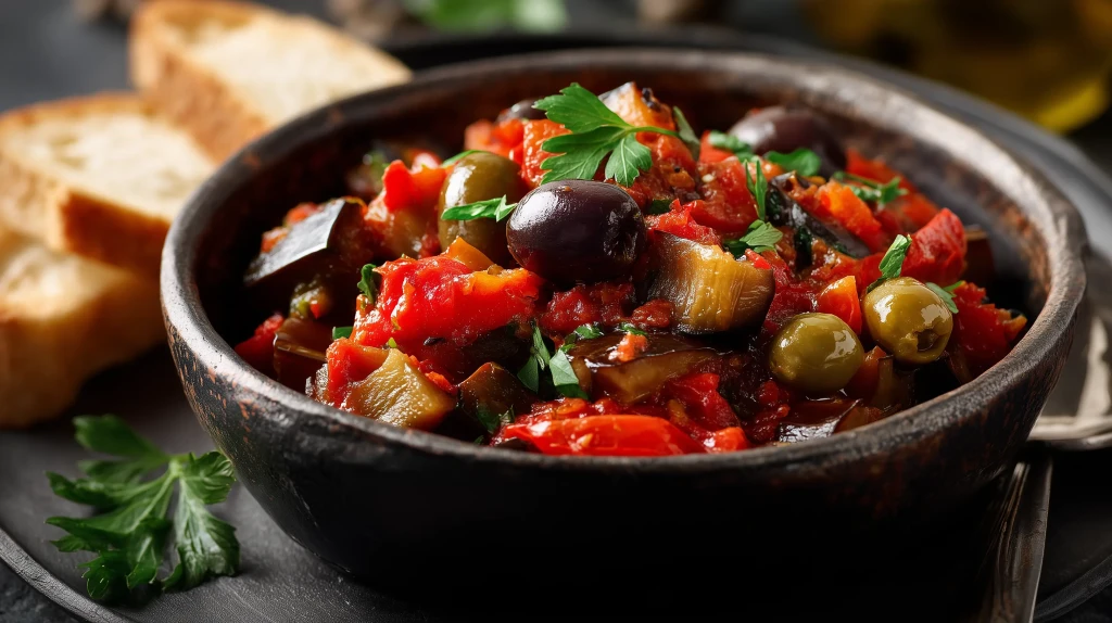 caponata d'aubergines dans un bol, avec des olives du poivron et des herbes fraiches, spécialité sicilenne vegetarienne