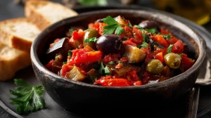 caponata d'aubergines dans un bol, avec des olives du poivron et des herbes fraiches, spécialité sicilenne vegetarienne